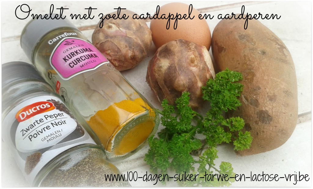 Ingrediënten voor omelet met zoete aardappel en aardperen