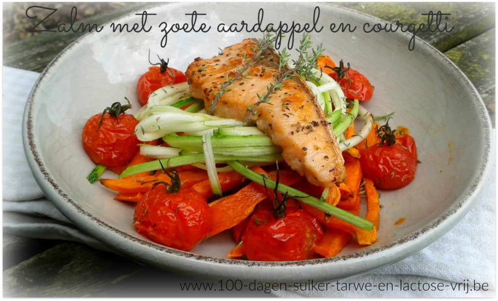 Zalm met zoete aardappel en courgetti